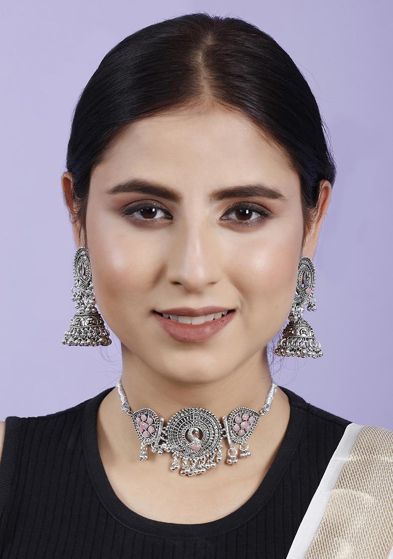 Silver Plated Pink Choker Alloy Necklace Set