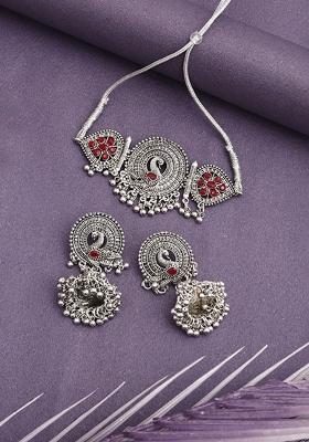 Silver Plated Maroon Choker Alloy Necklace Set