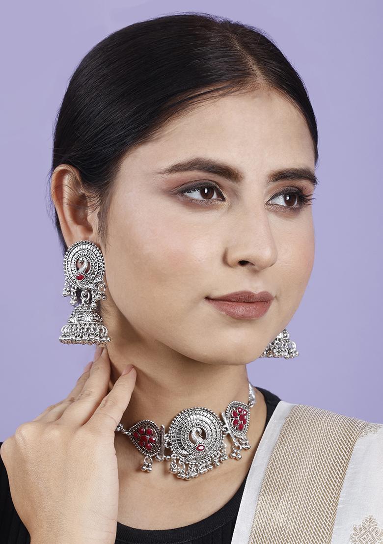 Silver Plated Maroon Choker Alloy Necklace Set