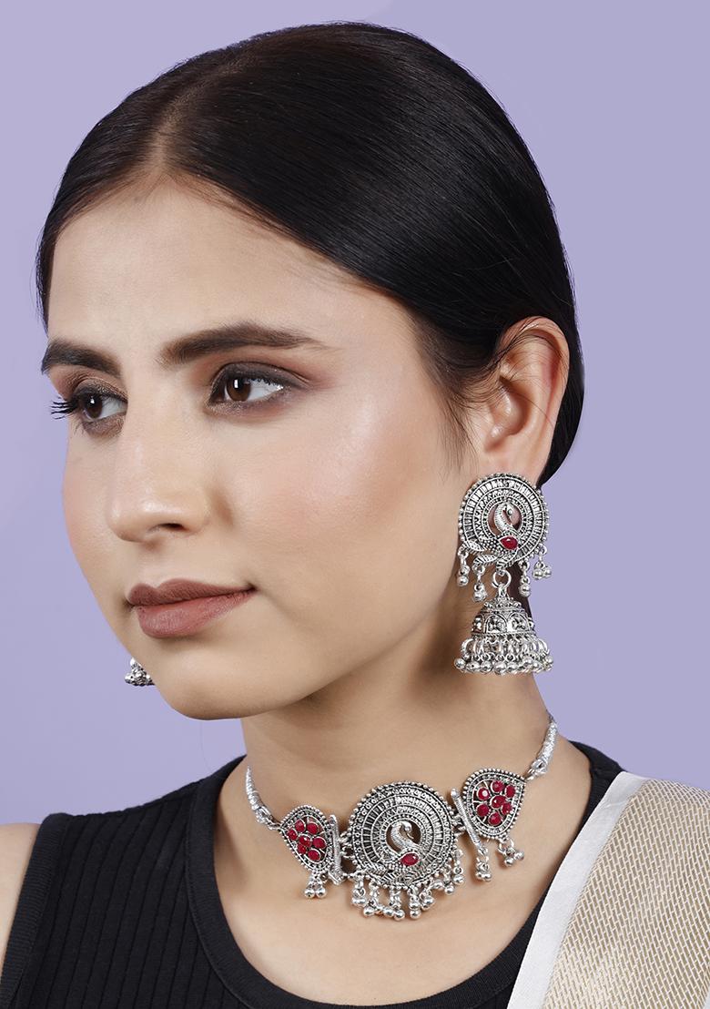 Silver Plated Maroon Choker Alloy Necklace Set