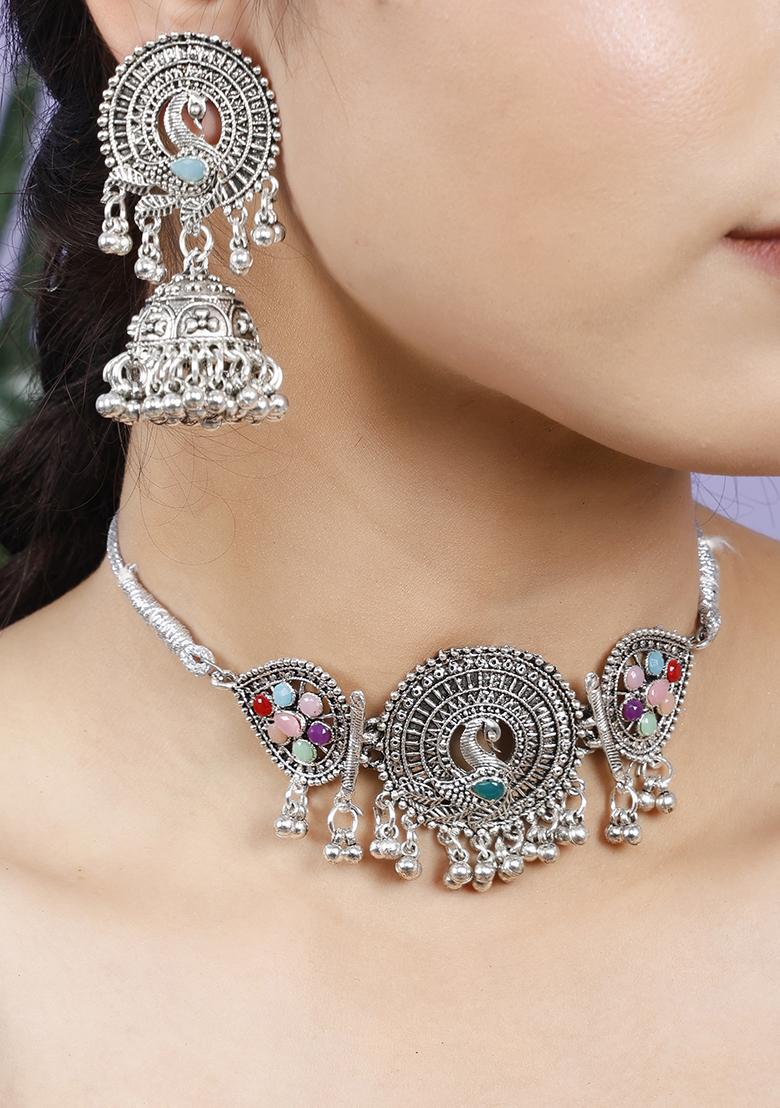 Silver Plated Multi Choker Alloy Necklace Set