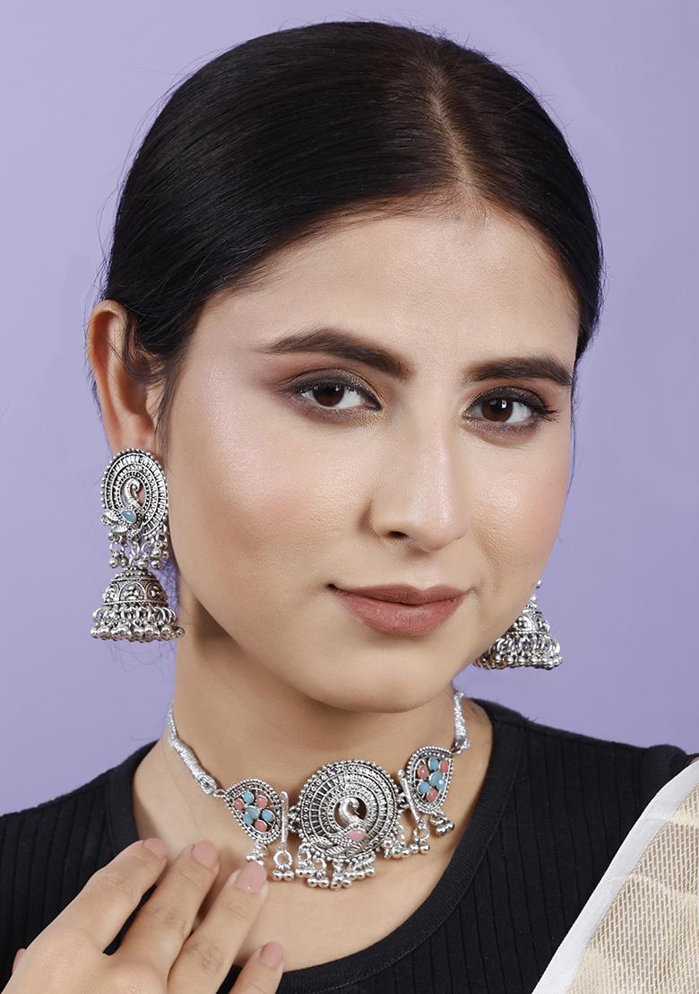 Silver Plated Multi Choker Alloy Necklace Set