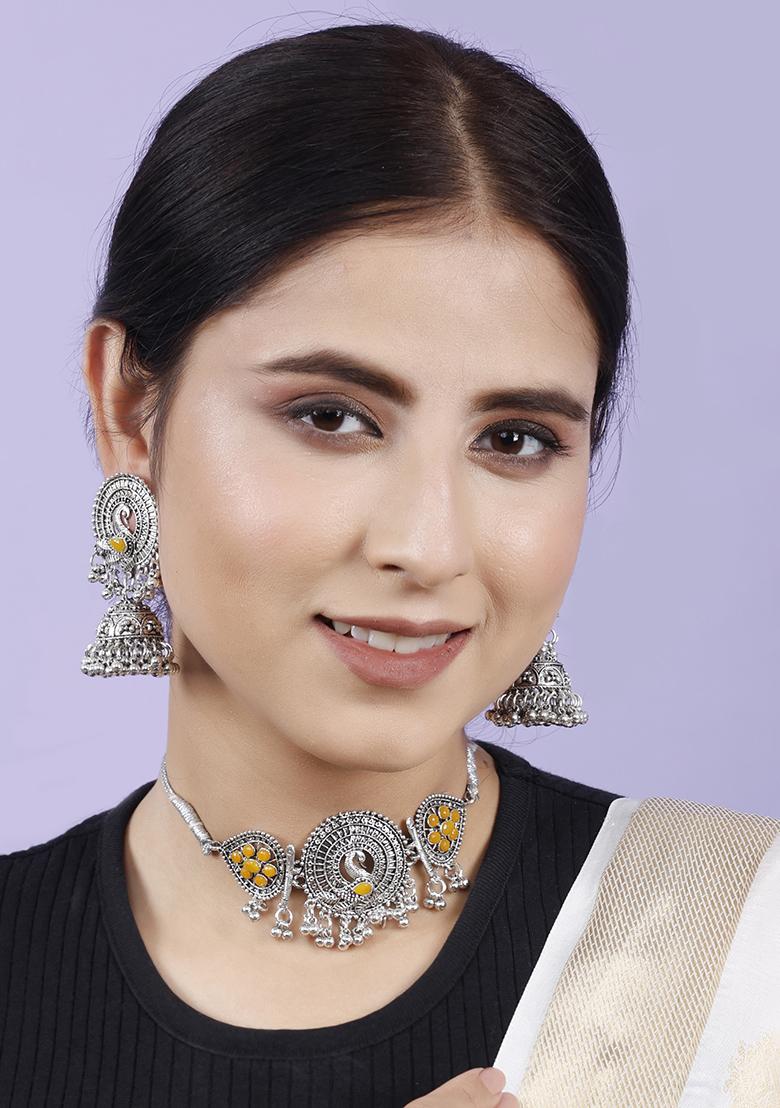 Silver Plated Yellow Choker Alloy Necklace Set