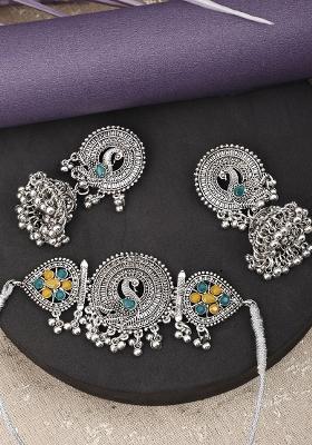 Silver Plated Multi Choker Alloy Necklace Set