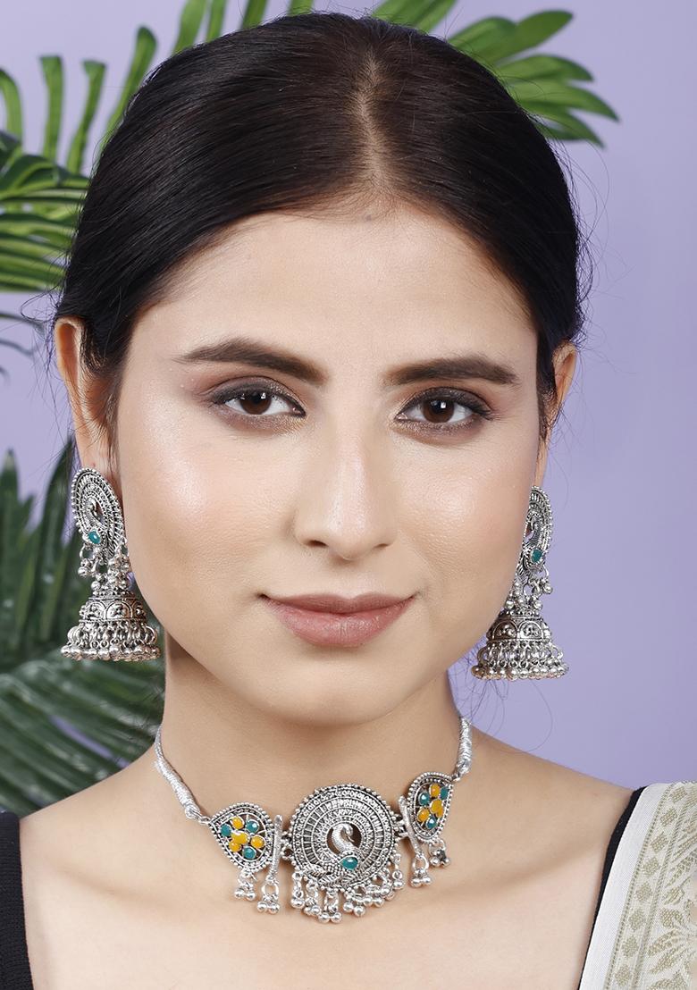 Silver Plated Multi Choker Alloy Necklace Set