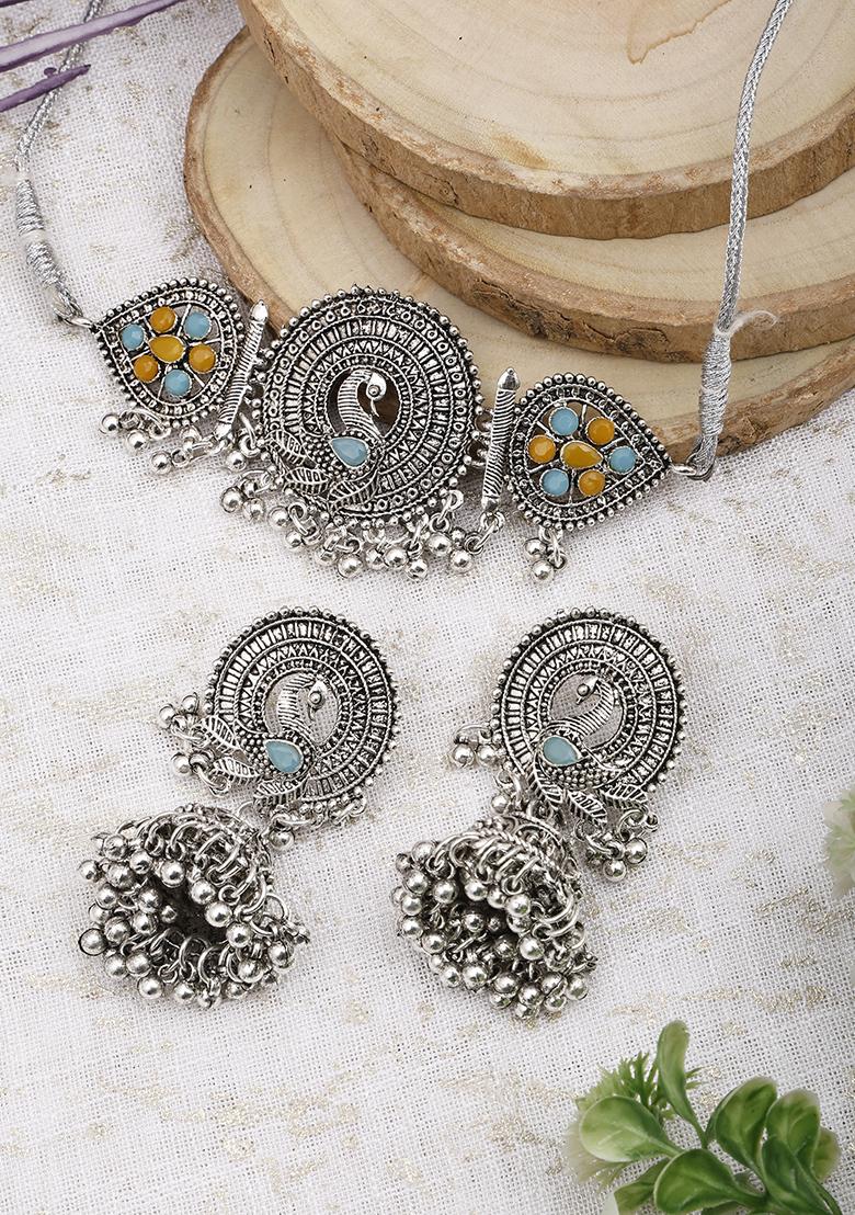 Silver Plated Green Choker Alloy Necklace Set