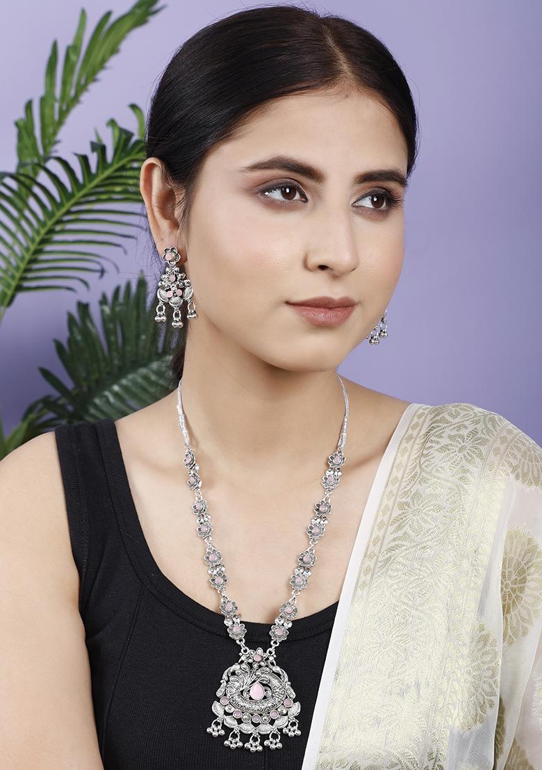 Silver Plated Pink Choker Alloy Necklace Set