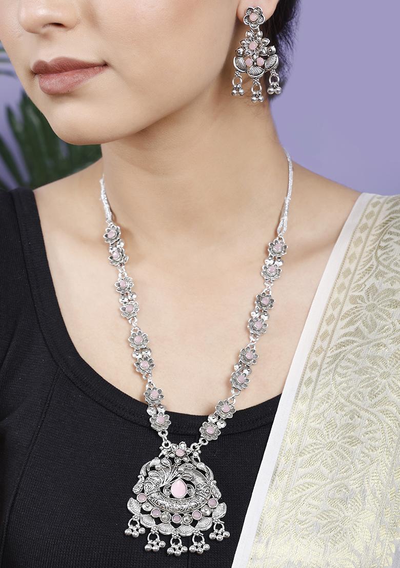 Silver Plated Pink Choker Alloy Necklace Set