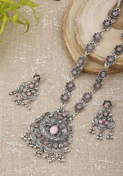 Silver Plated Pink Choker Alloy Necklace Set