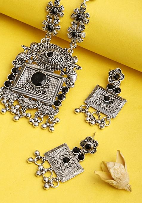 Silver Plated Green Choker Alloy Necklace Set