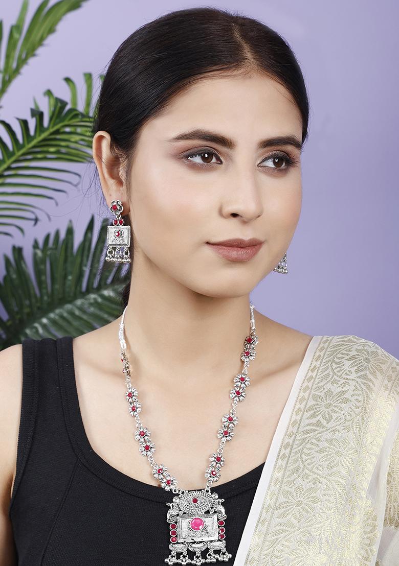 Silver Plated Maroon Choker Alloy Necklace Set