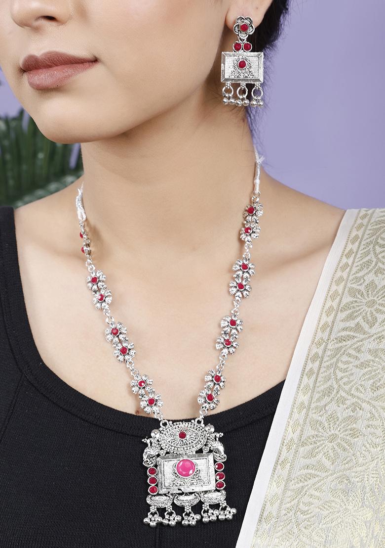 Silver Plated Maroon Choker Alloy Necklace Set