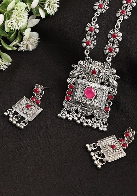 Silver Plated Maroon Choker Alloy Necklace Set