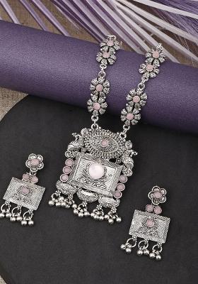 Silver Plated Pink Choker Alloy Necklace Set