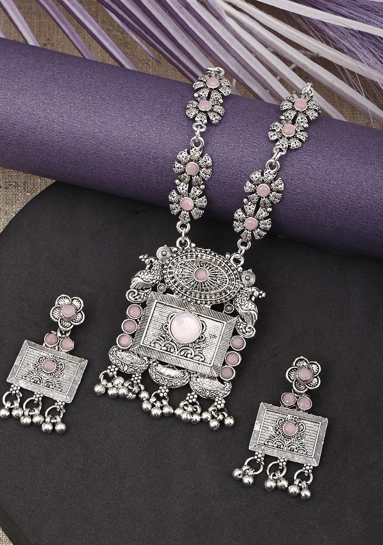 Silver Plated Pink Choker Alloy Necklace Set