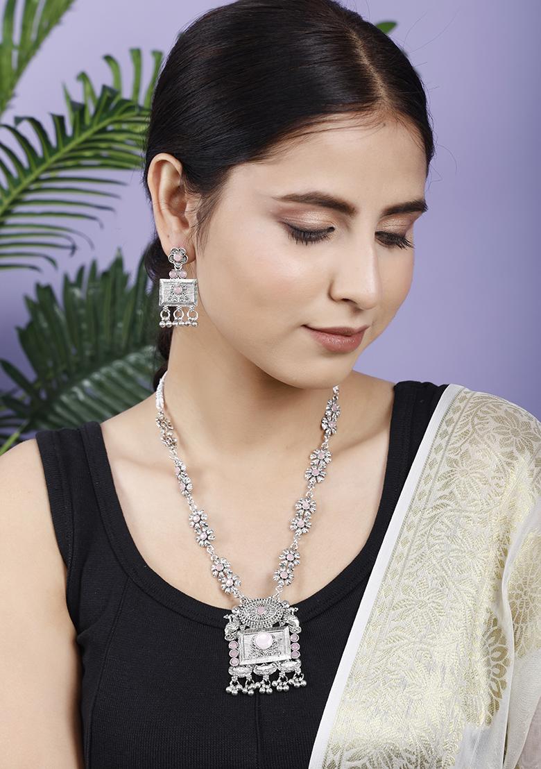 Silver Plated Pink Choker Alloy Necklace Set