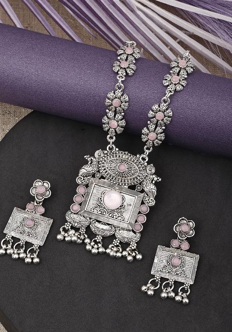 Silver Plated Pink Choker Alloy Necklace Set