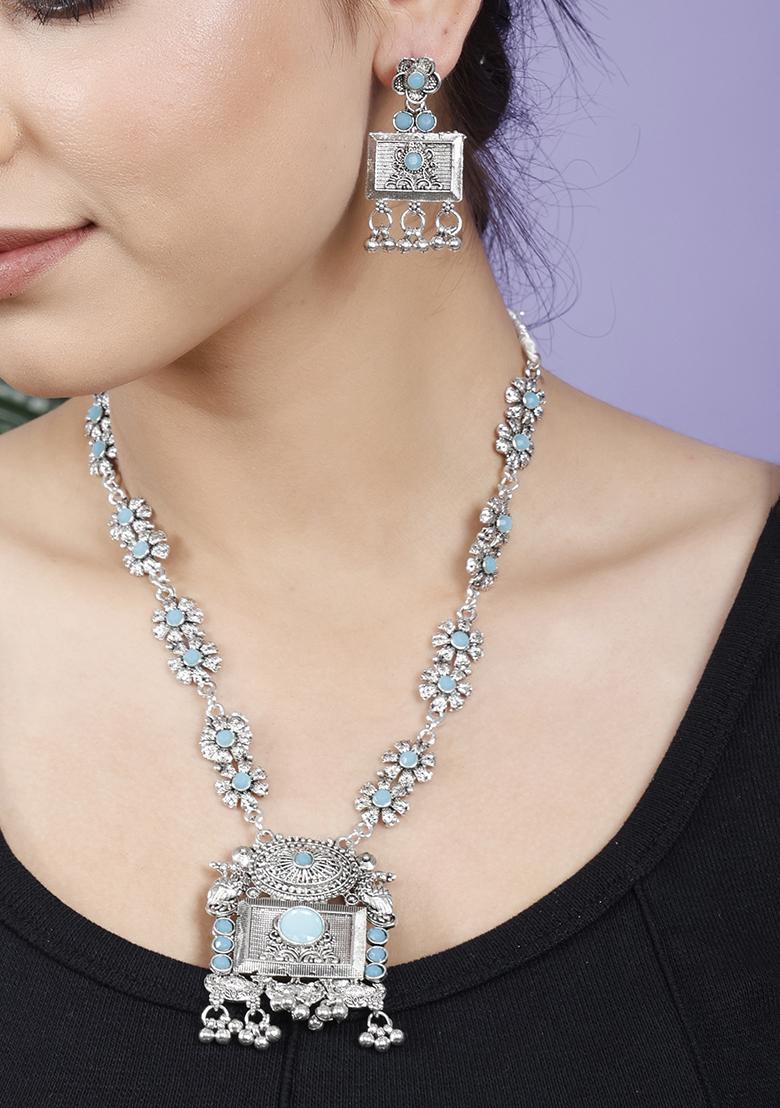 Silver Plated Blue Choker Alloy Necklace Set