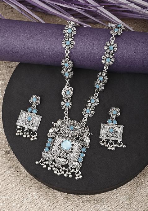 Silver Plated Blue Choker Alloy Necklace Set
