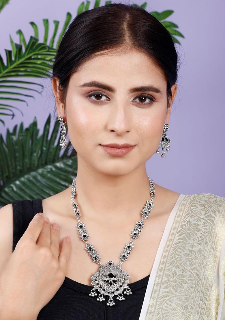 Silver Plated Black Choker Alloy Necklace Set