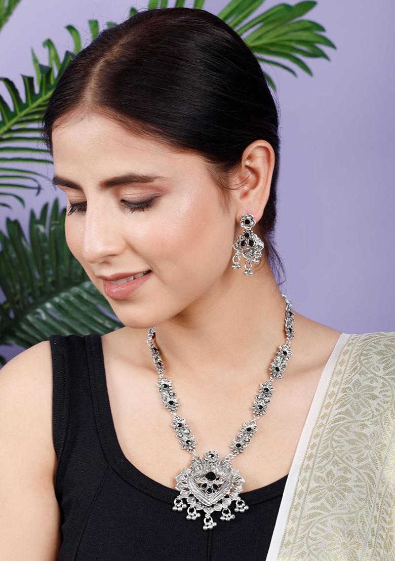 Silver Plated Black Choker Alloy Necklace Set