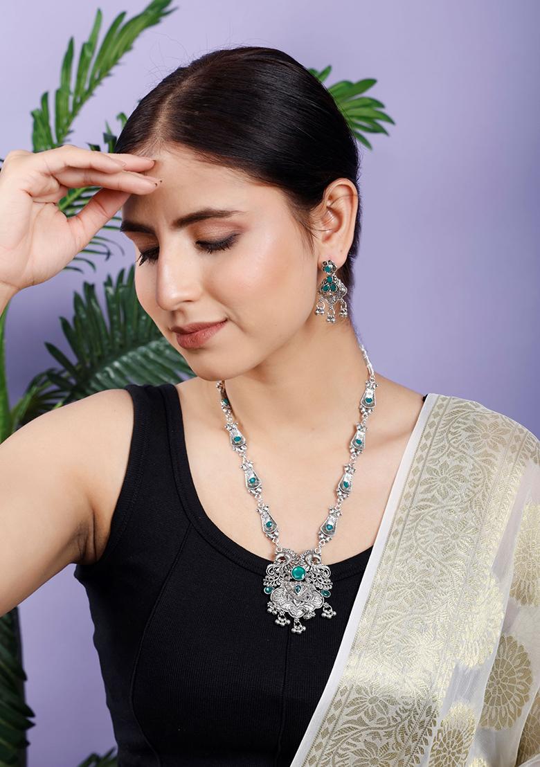 Silver Plated Green Choker Alloy Necklace Set