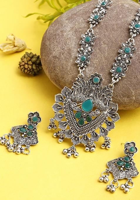 Silver Plated Green Choker Alloy Necklace Set