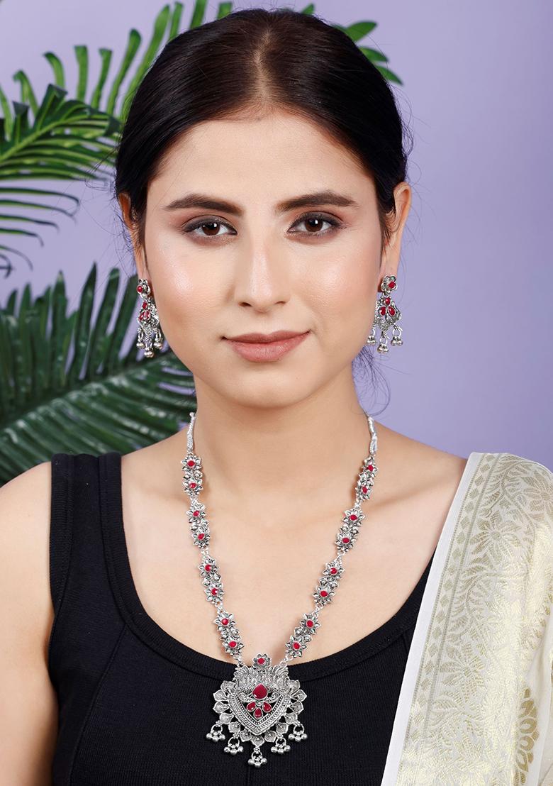 Silver Plated Maroon Choker Alloy Necklace Set