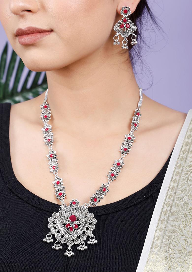 Silver Plated Maroon Choker Alloy Necklace Set
