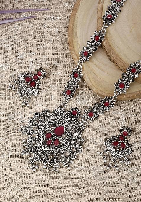 Silver Plated Maroon Choker Alloy Necklace Set
