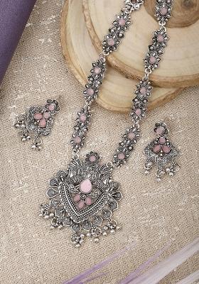 Silver Plated Pink Choker Alloy Necklace Set
