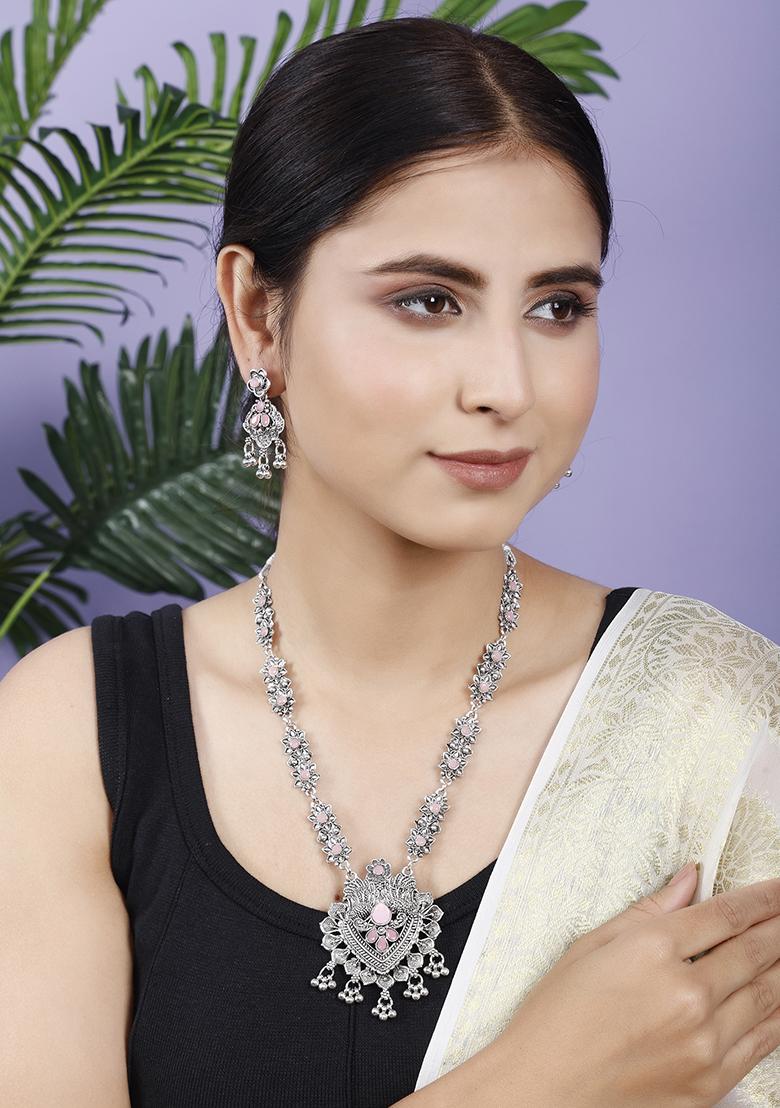 Silver Plated Pink Choker Alloy Necklace Set