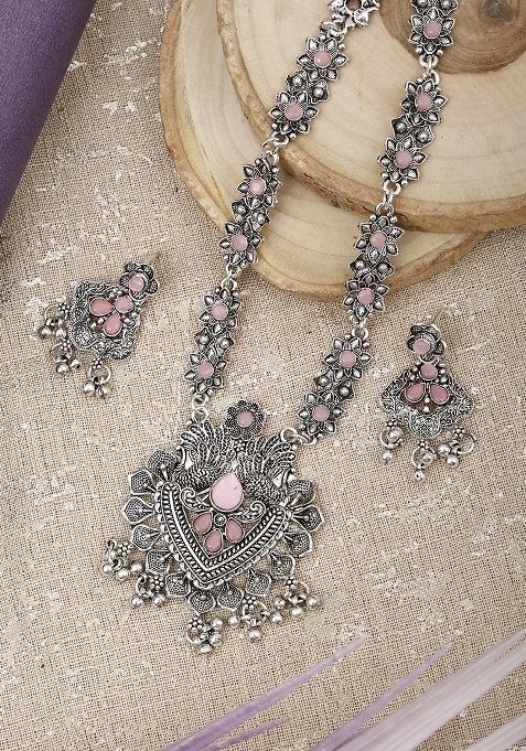 Silver Plated Pink Choker Alloy Necklace Set