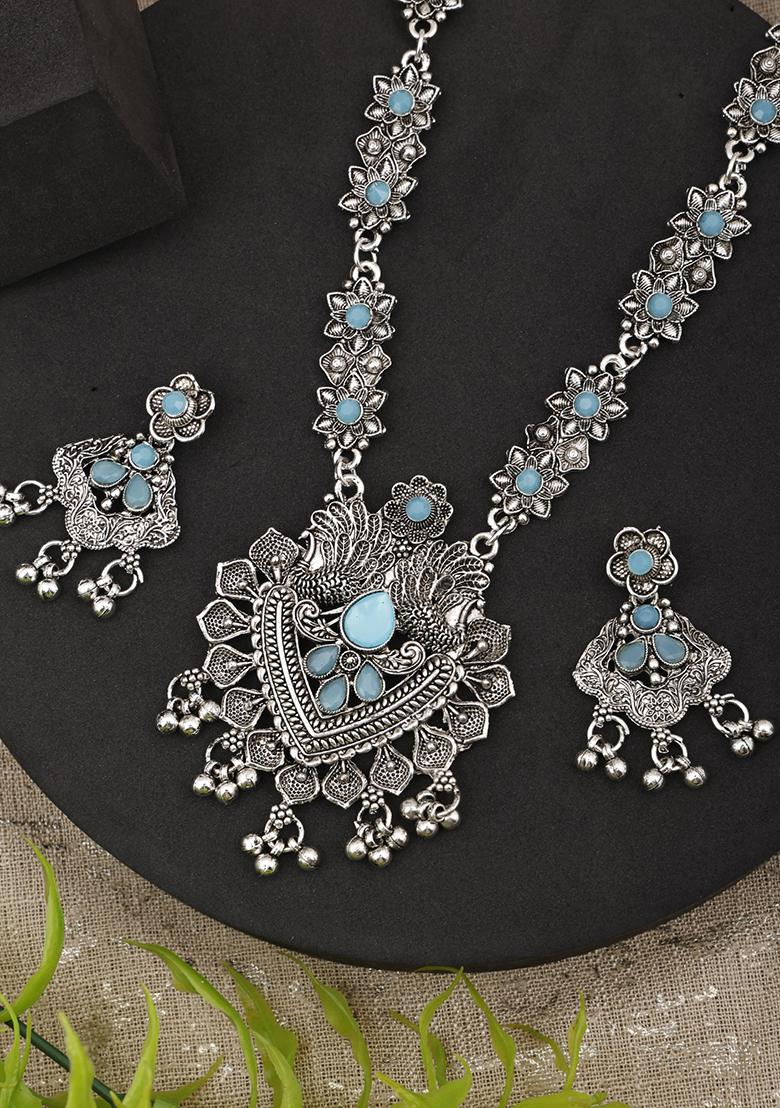 Silver Plated Blue Choker Alloy Necklace Set