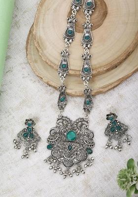 Silver Plated Green Choker Alloy Necklace Set