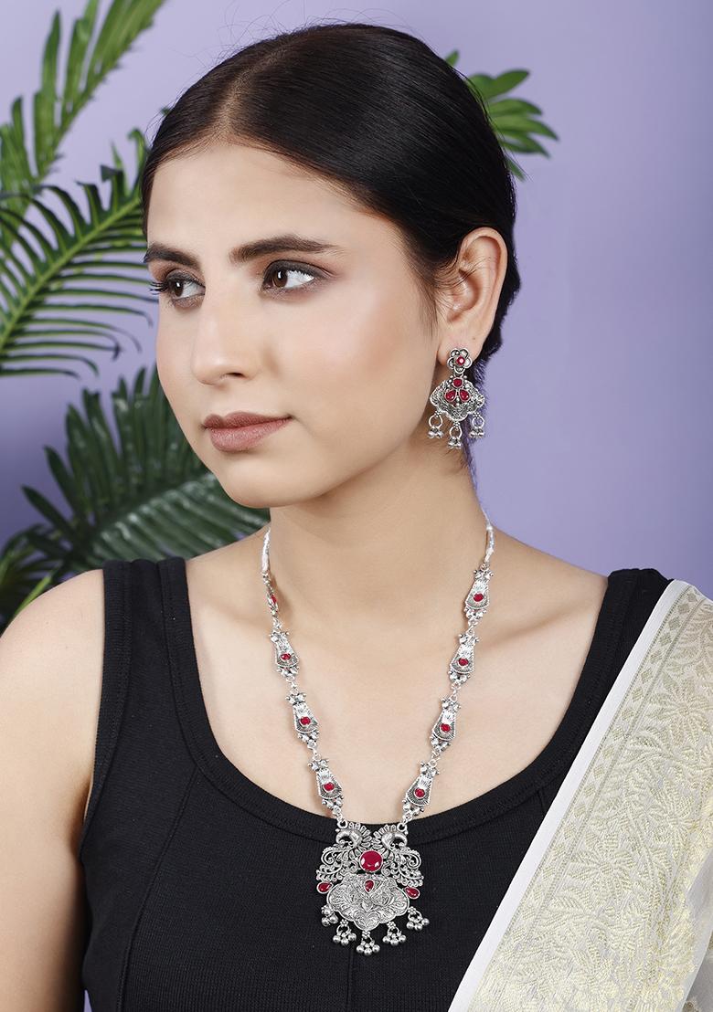 Silver Plated Maroon Choker Alloy Necklace Set