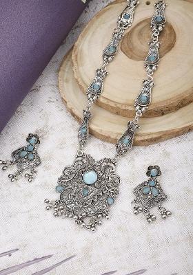 Silver Plated Blue Choker Alloy Necklace Set