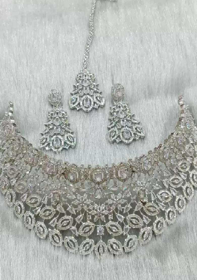 Silver Plated Golden Choker Alloy Necklace Set - Indya