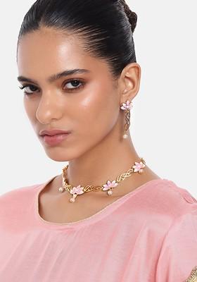 Pink Studded Gold Plated Necklace Set