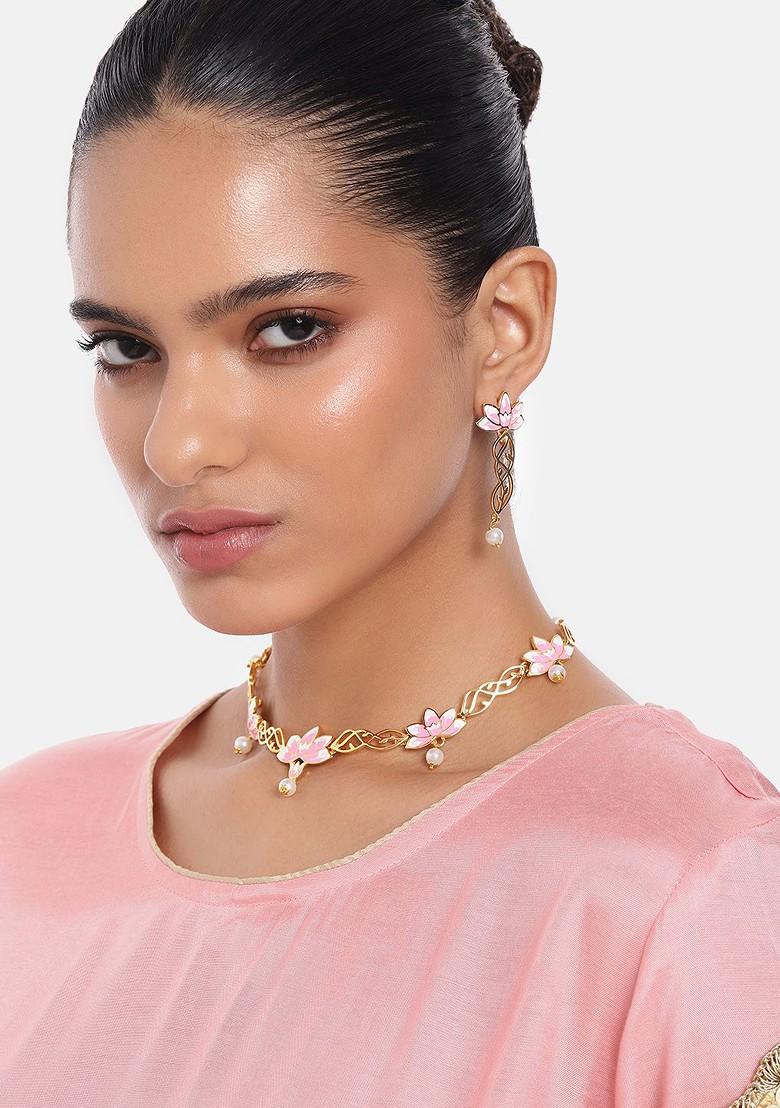 Pink Studded Gold Plated Necklace Set