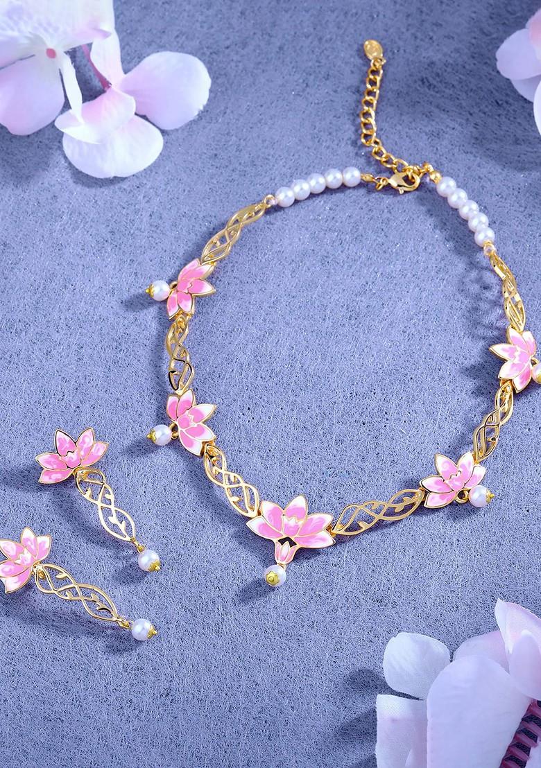 Pink Studded Gold Plated Necklace Set