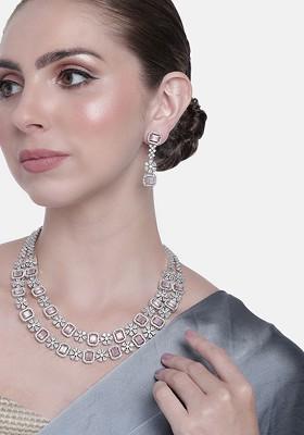 Pink Studded Rhodium Plated Necklace Set
