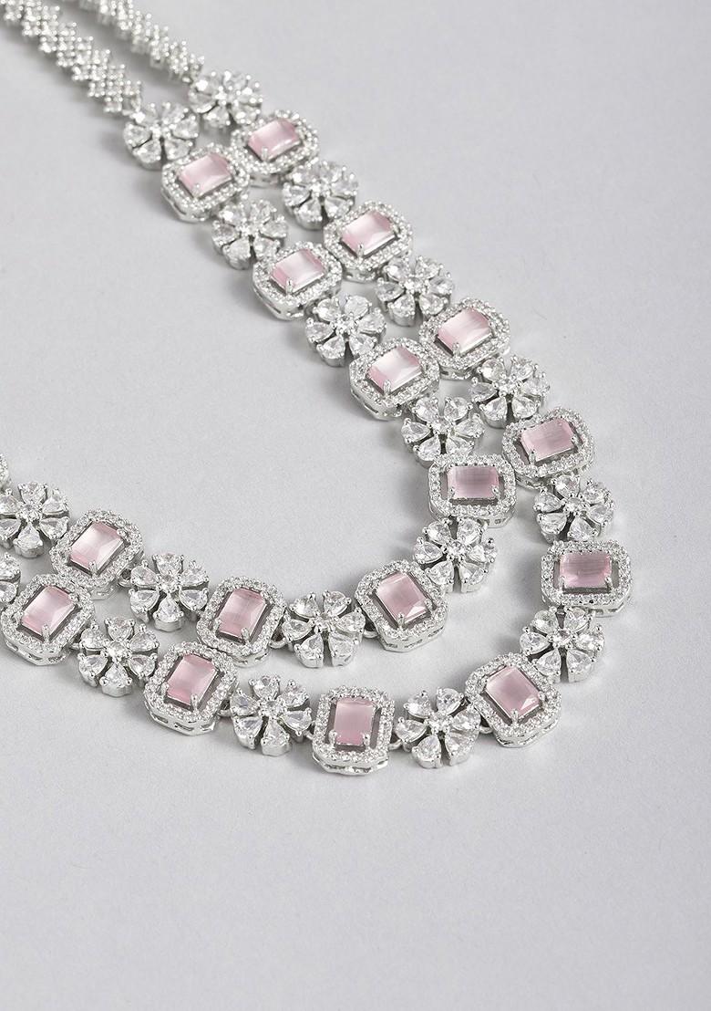 Pink Studded Rhodium Plated Necklace Set