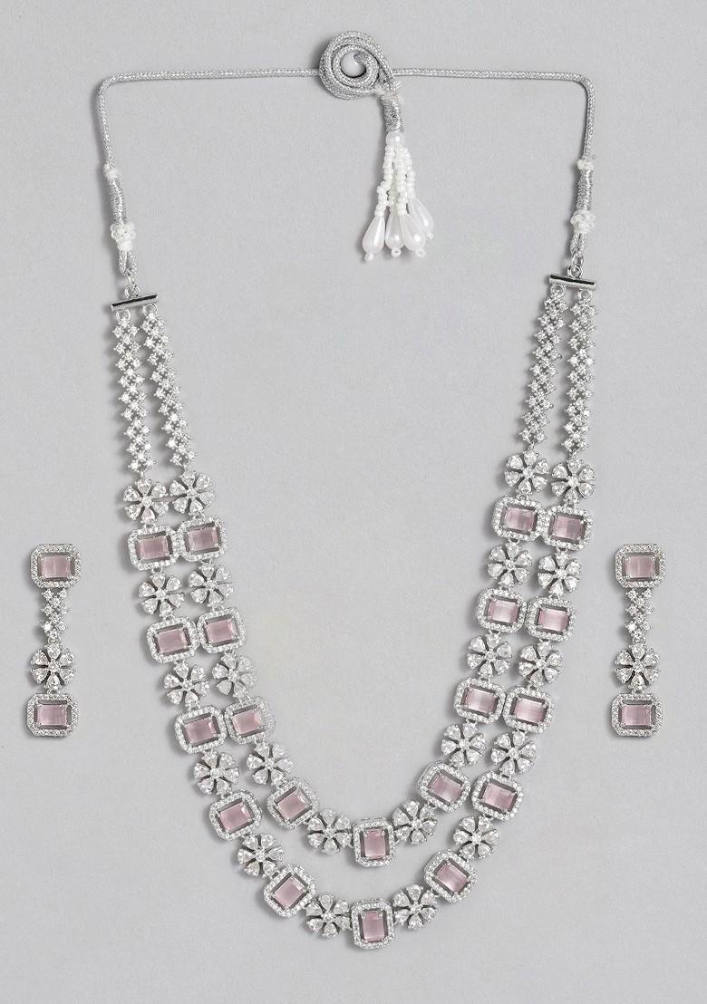 Pink Studded Rhodium Plated Necklace Set