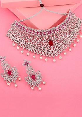 Pink Studded Rhodium Plated Necklace Set