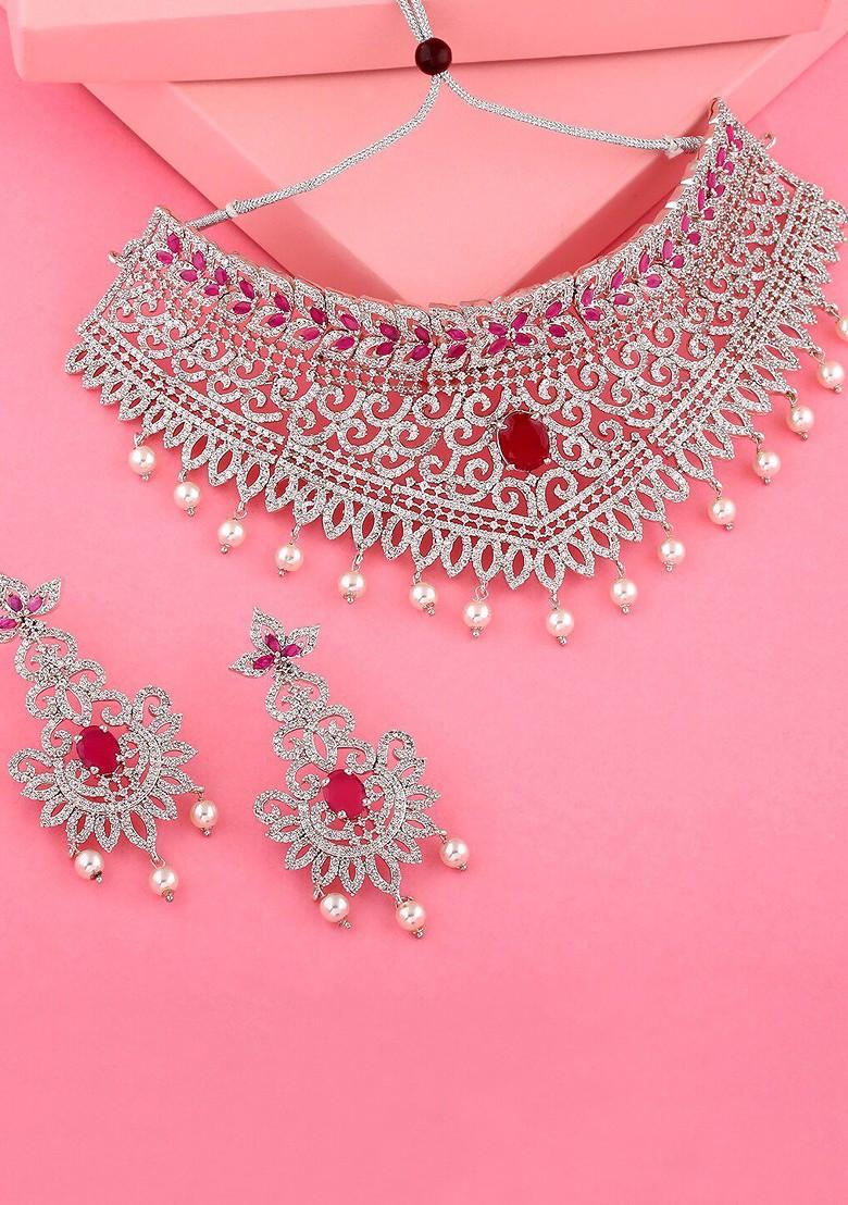 Pink Studded Rhodium Plated Necklace Set