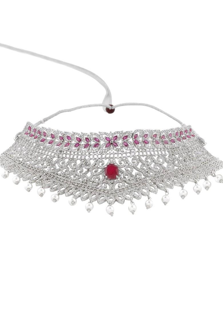Pink Studded Rhodium Plated Necklace Set