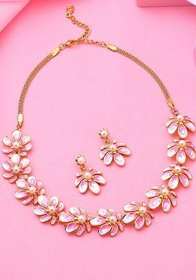 Pink Crystals Gold Plated Necklace Set