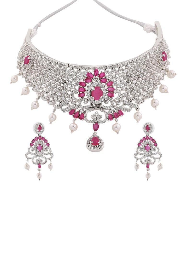 Silver Studded Rhodium Plated Necklace Set