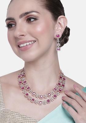 Pink Studded Gold Plated Necklace Set